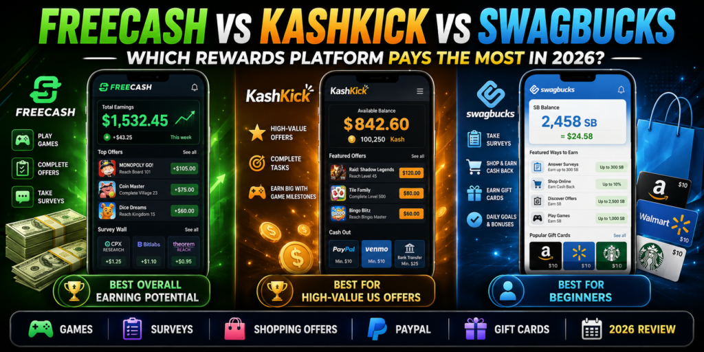 Freecash vs KashKick vs Swagbucks: Which Rewards Platform Pays the Most in 2026?