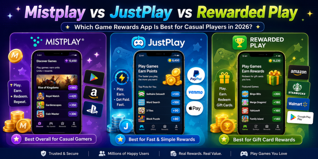 Mistplay vs JustPlay vs Rewarded Play: Which Game Rewards App Is Best for Casual Players in 2026?